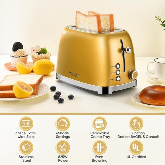 Gold 2 Slice Toaster, Wide Slot Stainless Steel, 6 Shade Settings, Bagel, Defros - Picture 4 of 7